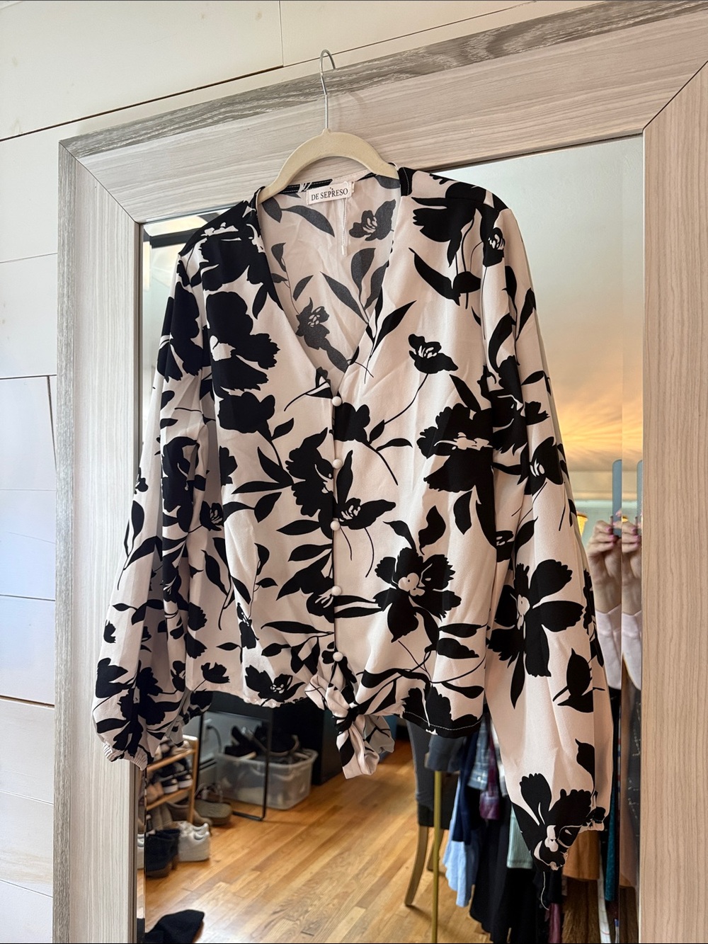 Cream and Black Floral Button-Front Blouse